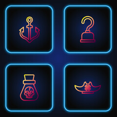 Set line Pirate hat, coin, Anchor and hook. Gradient color icons. Vector