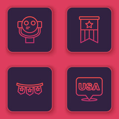 Set line Tourist binoculars, Carnival garland with flags, American and USA Independence day. Blue square button. Vector