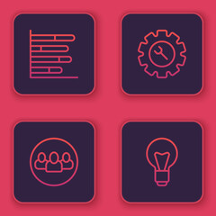 Set line Pie chart infographic, Project team base, Wrench and gear and Light bulb. Blue square button. Vector