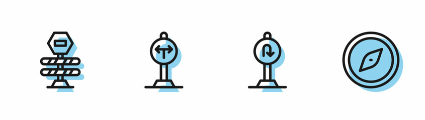 Set line Turn back road sign, Road barrier, Fork in the and Compass icon. Vector