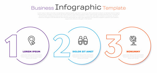 Set line Location, Binoculars and Earth globe. Business infographic template. Vector