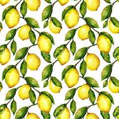 Lemon seamless pattern. Watercolor citrus fruit tree repeat print. Bright lemons and leaves on white background. 