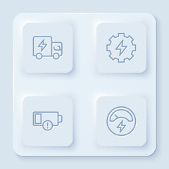 Set line Electric truck, Gear and lightning, Low battery and Voltmeter. White square button. Vector