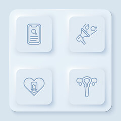 Set line Dating app, Feminist activist, Heart with female and Female reproductive system. White square button. Vector