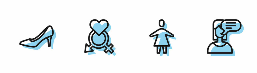 Set line Female, Woman shoe, Gender and opinion icon. Vector