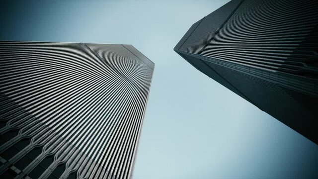 Low angle of World Trade Center towers. CG animation of twin towers of the World Trade Center. 3d visualization