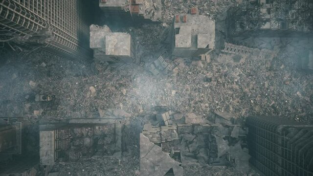 Ruined city after the war. Top view of destroyed town. Flight of a drone over the ruined city. Aerial view of the destroyed city. 3d visualization