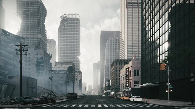 Between the destroyed and the new city. Between old and new life. Creation of a new city. 3d visualization