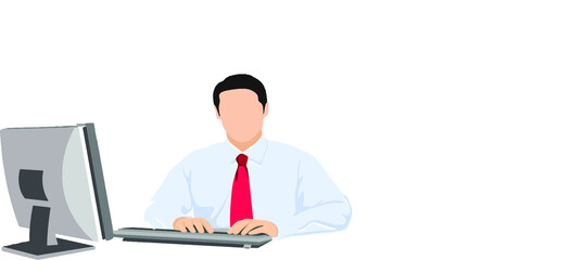 A man works on a computer. Happy businessman is sitting at the desktop. Work the computer and financial analytics. Office worker or company employee. Front Vector illustration in cartoon style Isolate