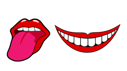 Red Lip Collection. Emotional vector illustration of emotions such as smile, half-open mouth, tongue sticking out. Isolated on white.