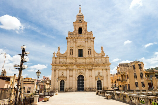 Panoramic View of The Mother Church of Saint Mary of the Stars (Chiesa Madre di Santa Maria delle Stelle) in Comiso, Province of Ragusa, Sicily, Italy.