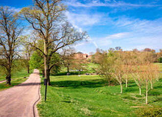 Country landscape, next to the River Gade and the Grand Union Canal, in Cassiobury public park. Chandlers Cross, Watford, Hertfordshire, UK. The Grove can be hardly seen in the background.