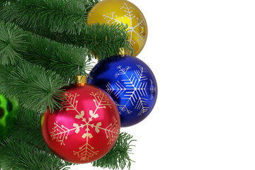 Red, blue and golden christmas balls on christmas tree isolated on white background. 3d illustration.
