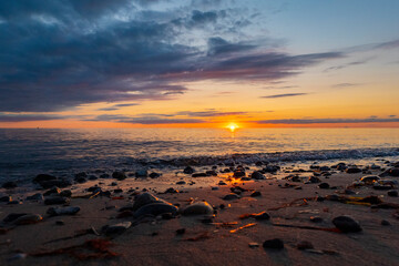 Amazing sunset at Baltic sea beach in Germany. Island Fehmarn