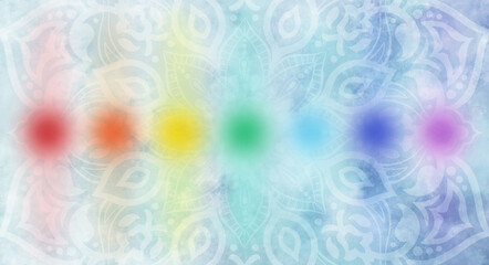 Modern, abstract minimal chakra diagram with textured pastel blue mandala background, banner - radiating aura energy centres
