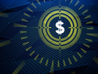Sight is aiming for dollar icon detected during cyberspace research on hi-tech dark background. Illustration.