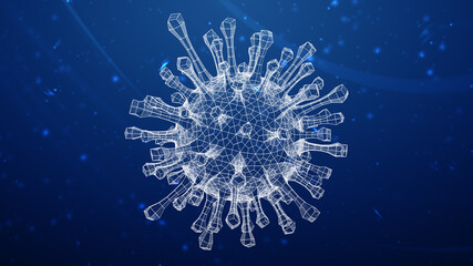 Virus as 3D mesh is detected on blue abstract background in cyberspace during scan. 3D Illustration.