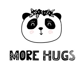 More hugs scandinavian cartoon cute panda. Nordic funny print for nurcery room. Vector cartoon card