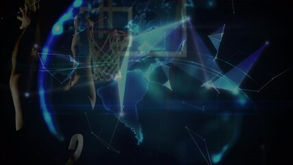 Animation of networks of connections with globe over mixed race male basketball player at gym - Powered by Adobe
