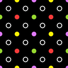 Seamless multi-color dot pattern on a black background.