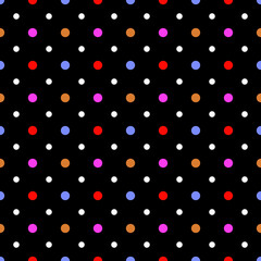 Seamless polka dots pattern. Multicolored dots on a black  background.