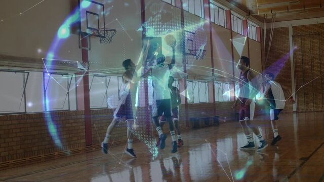 Animation of networks of connections with globe over group of diverse basketball players at gym