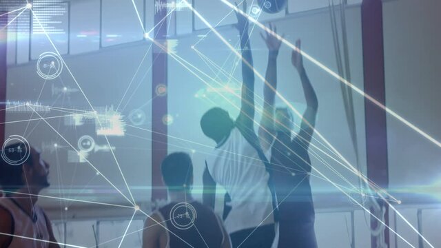 Animation of networks of connections over group of diverse basketball players at gym