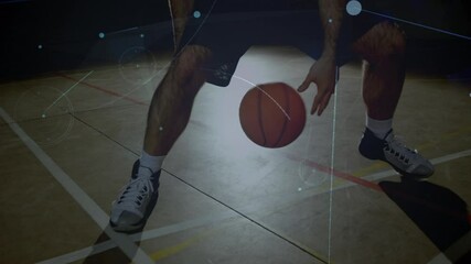 Animation of networks of connections over mixed race male basketball player at gym - Powered by Adobe