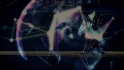 Animation of networks of connections with globe over diverse basketball players at gym - Powered by Adobe