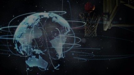 Animation of networks of connections with globe over mixed race male basketball player at gym - Powered by Adobe