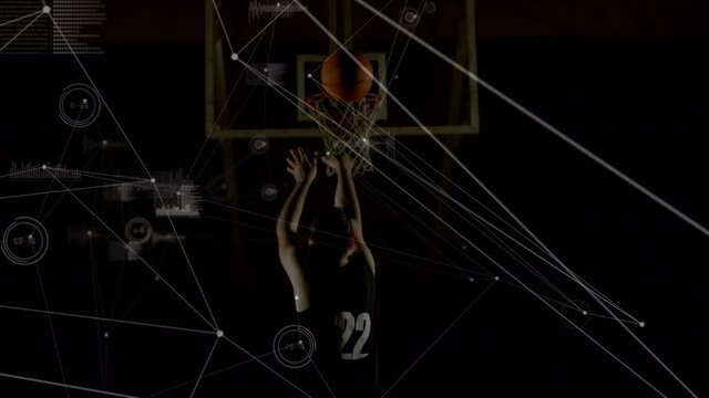 Animation of data processing, networks of connections over mixed caucasian basketball player at gym