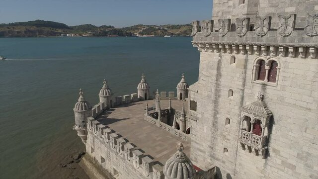 summer sunny day lisbon city famous belem tower bay aerial panorama 4k portugal
