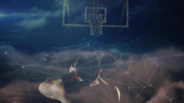Animation of networks of connections over mixed race male basketball player at gym