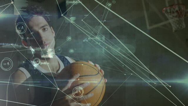 Animation of data processing and networks of connections over diverse basketball players at gym