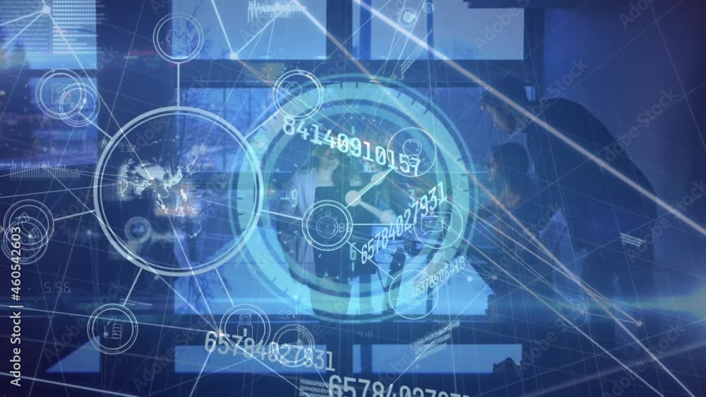 Poster animation of network of connections and data processing over caucasian business people