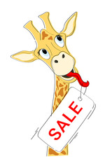 Funny illustration with discount and special offer. Dreaming giraffe with a sale tag on the tongue.