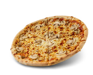 Pizza with cheese and tomato sauce isolated on white background. fresh mushroom topping.