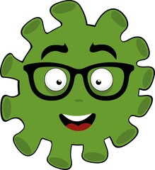 Vector emoticon illustration of virus, microbe or bacteria cartoon character with nerd glasses