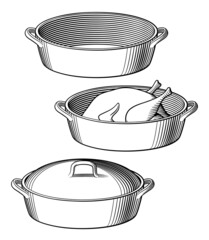 Dutch oven. Empty pot, roast chicken and pot with cap. Black and white stylized vector illustration