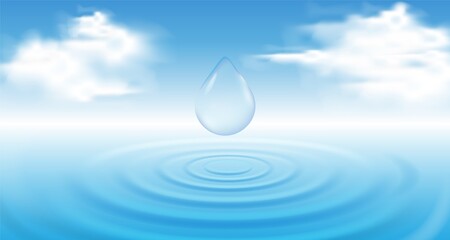 Front up view angle of water ripple from rain drop on clean blue background with cloudy sky.