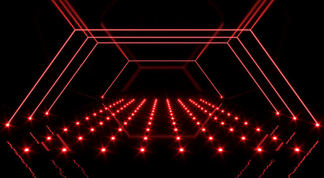 Sci Fi futuristic neon laser room with water red cybernetic underground space reflection studio Podium 3D image rendering