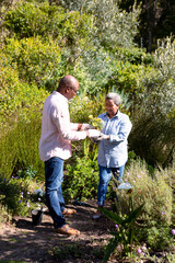 Happy african american senior couple gardening, holding flowers outdoors