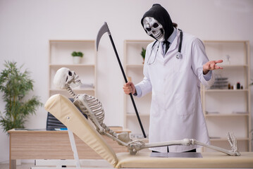 Reaper grim doctor examining skeleton patient