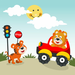 Cute lion driving a car go to forest funny animal cartoon. Creative vector childish background for fabric, textile, nursery wallpaper, poster, card, brochure. and other decoration.