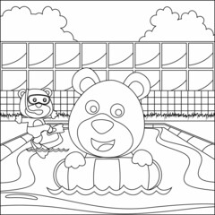 Cute two bear in swimming ring. Summer concept animal cartoon character design, Childish design for kids activity colouring book or page.