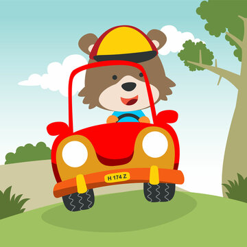 cute bear driving a car go to forest funny animal cartoon. Creative vector childish background for fabric, textile, nursery wallpaper, poster, card, brochure. and other decoration.