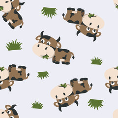 seamless pattern of cute little cow in the jungle. Creative vector childish background for fabric textile, nursery, baby clothes, wrapping paper and other decoration.