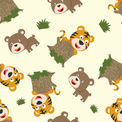 seamless pattern of cute tiger and bear in the jungle. Creative vector childish background for fabric textile, nursery, baby clothes, wrapping paper and other decoration.