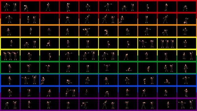 Dancing people in a box grid with rainbow flag