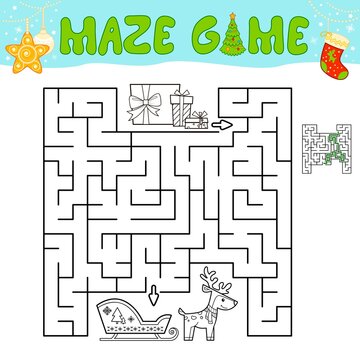 Christmas Maze puzzle game for children. Outline maze or labyrinth game with christmas sleigh.